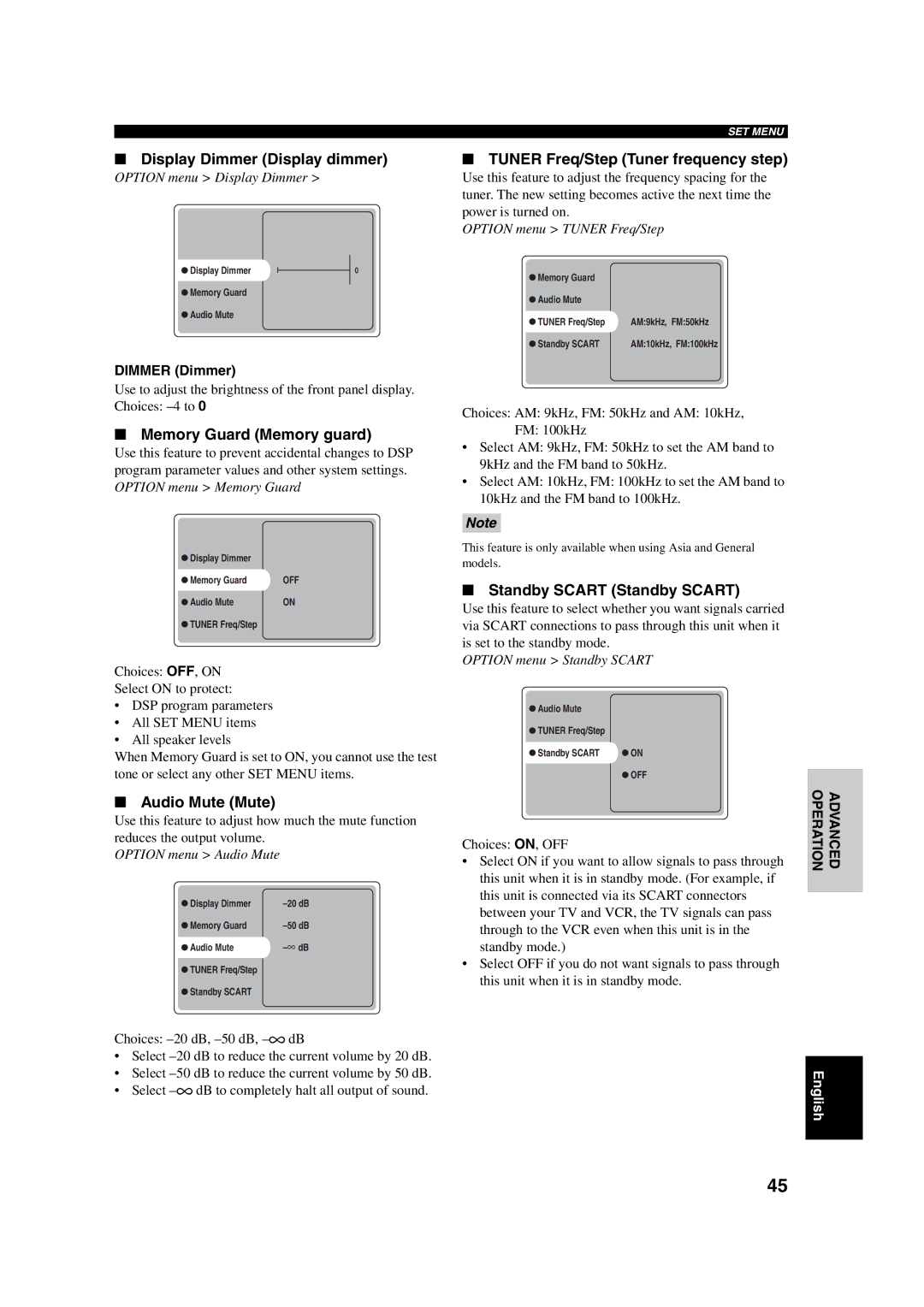 Yamaha RX-SL100RDS Display Dimmer Display dimmer, Memory Guard Memory guard, Audio Mute Mute, Standby Scart Standby Scart 