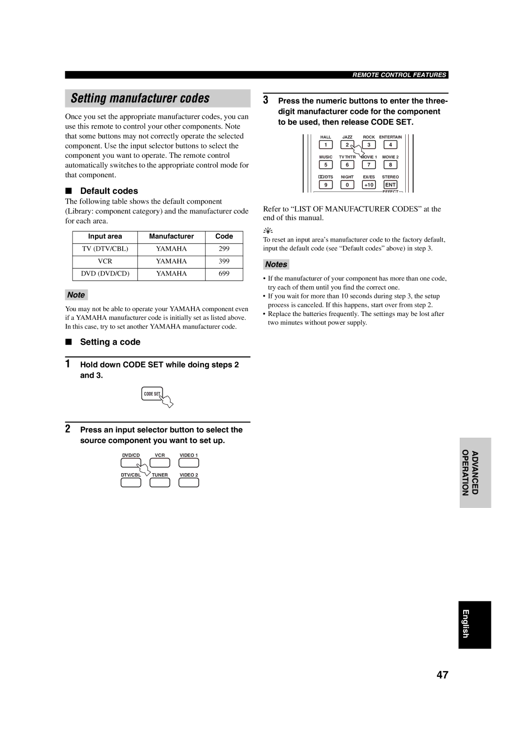 Yamaha RX-SL100RDS Setting manufacturer codes, Default codes, Setting a code, Hold down Code SET while doing steps 2 