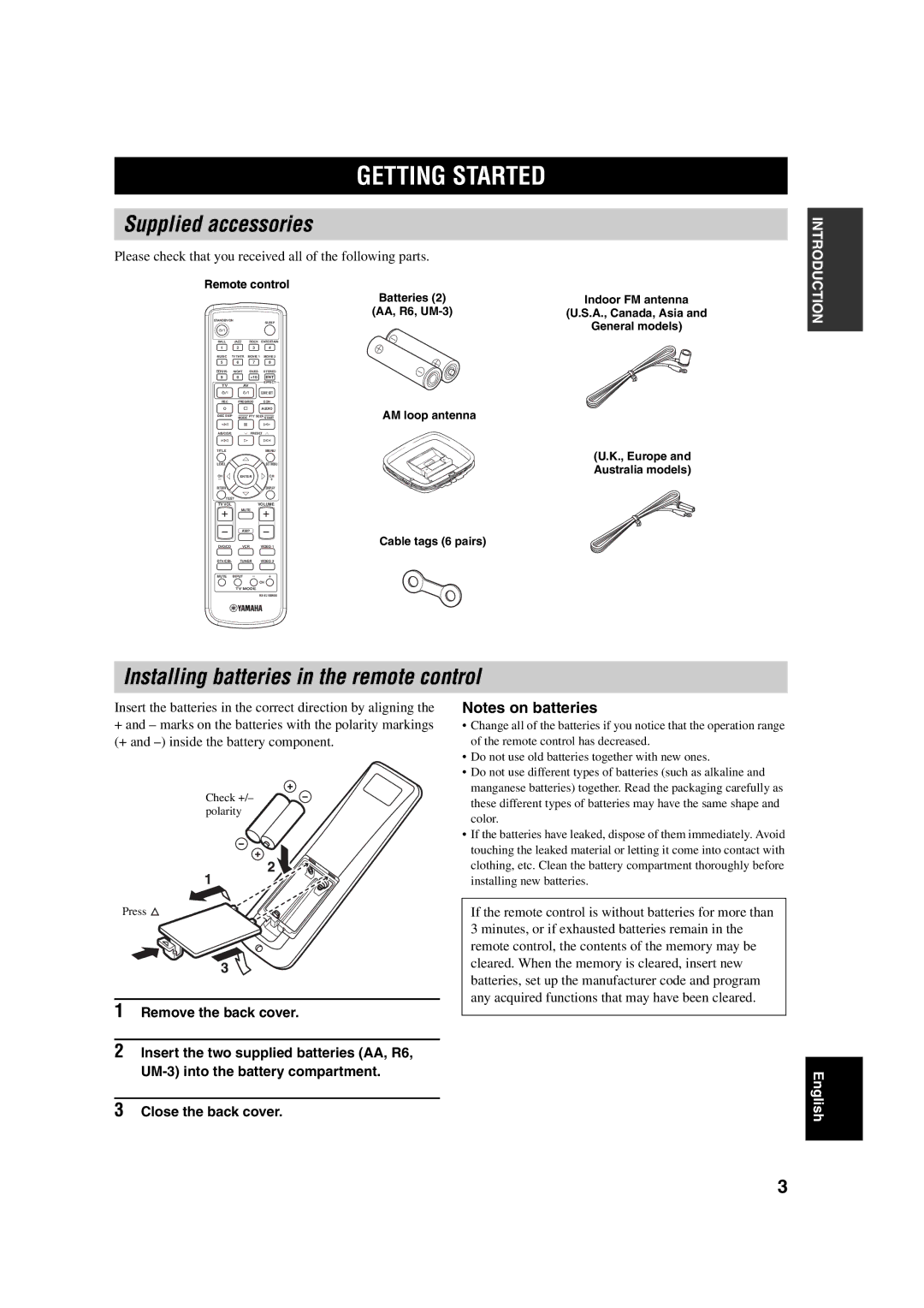 Yamaha RX-SL100RDS Getting Started, Supplied accessories, Installing batteries in the remote control, Close the back cover 