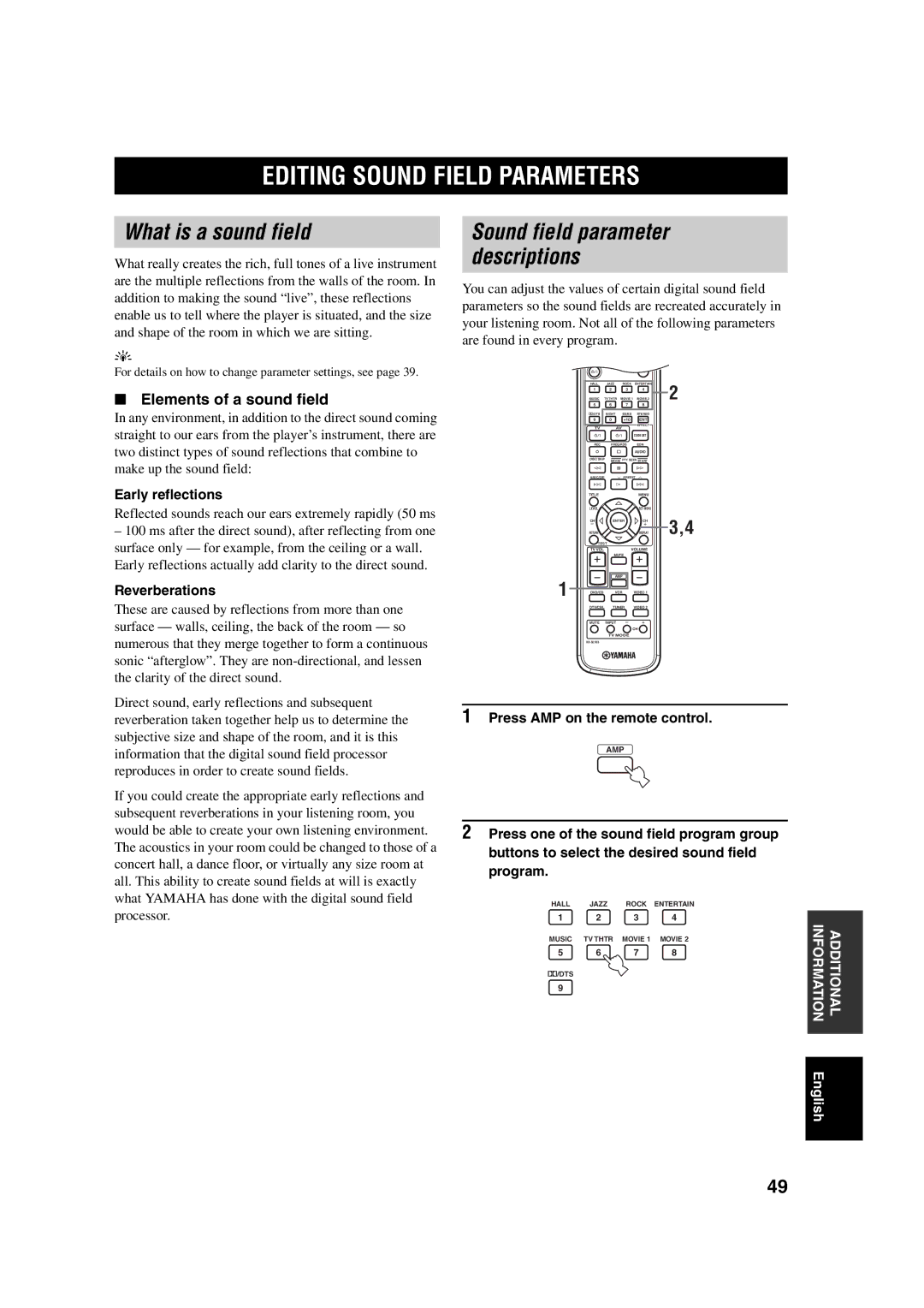 Yamaha RX-SL100RDS owner manual Editing Sound Field Parameters, What is a sound field, Elements of a sound field 