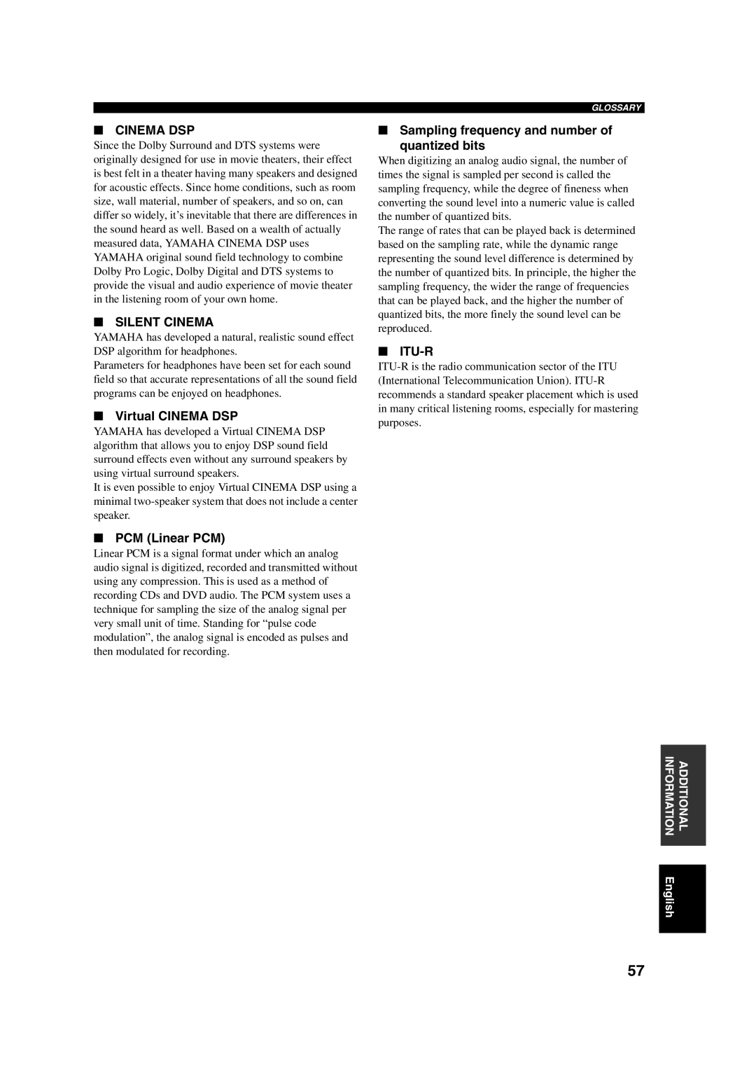 Yamaha RX-SL100RDS owner manual Virtual Cinema DSP, PCM Linear PCM, Sampling frequency and number Quantized bits 