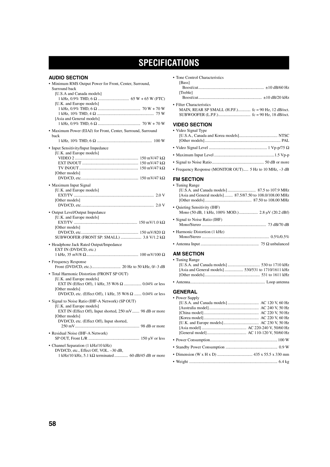 Yamaha RX-SL100RDS owner manual Specifications 