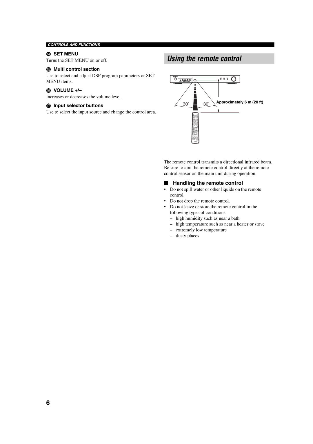 Yamaha RX-SL100RDS owner manual Using the remote control, Handling the remote control, SET Menu, Volume + 