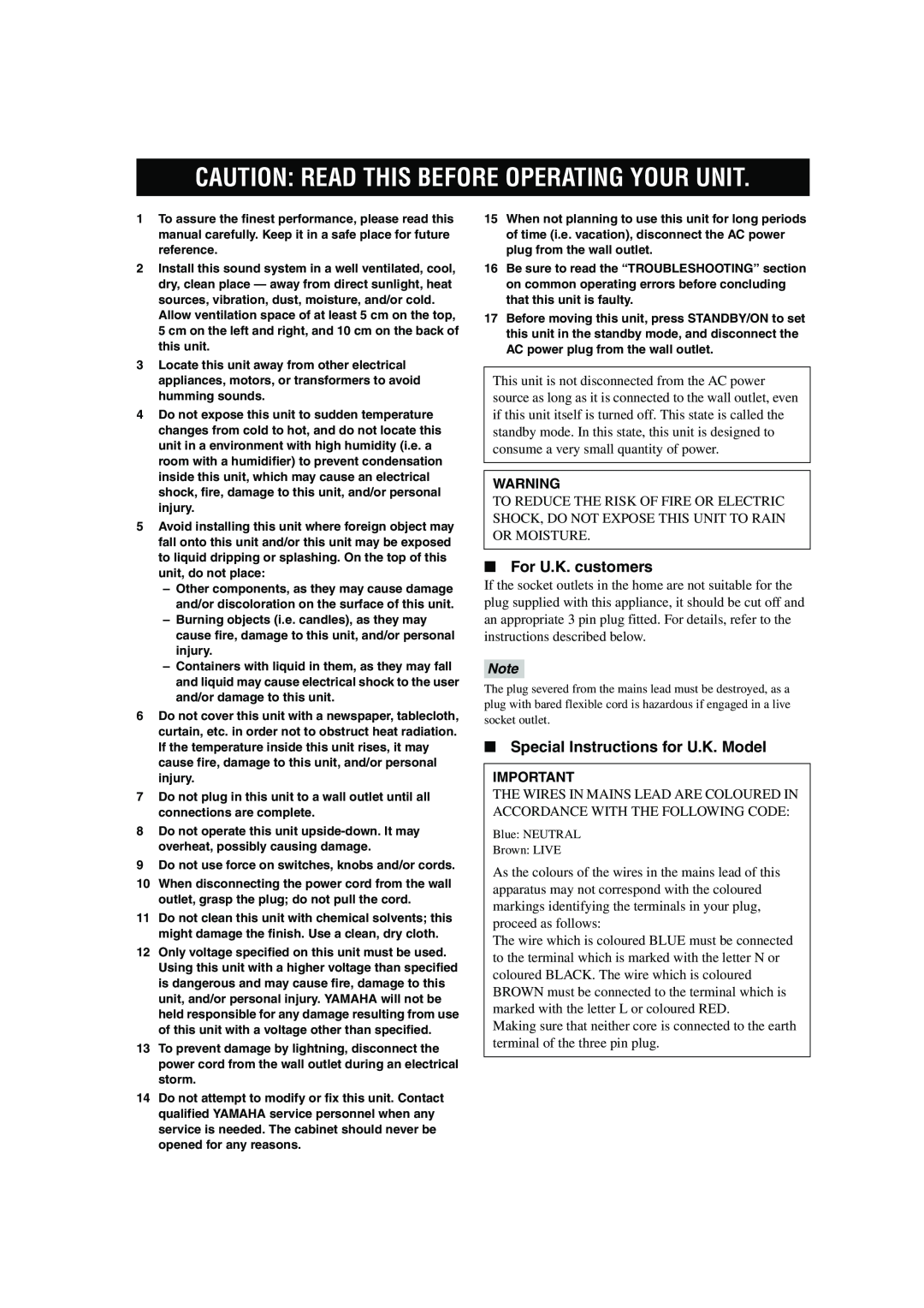 Yamaha RX-SL100RDS Caution Read This Before Operating Your Unit, For U.K. customers, Special Instructions for U.K. Model 