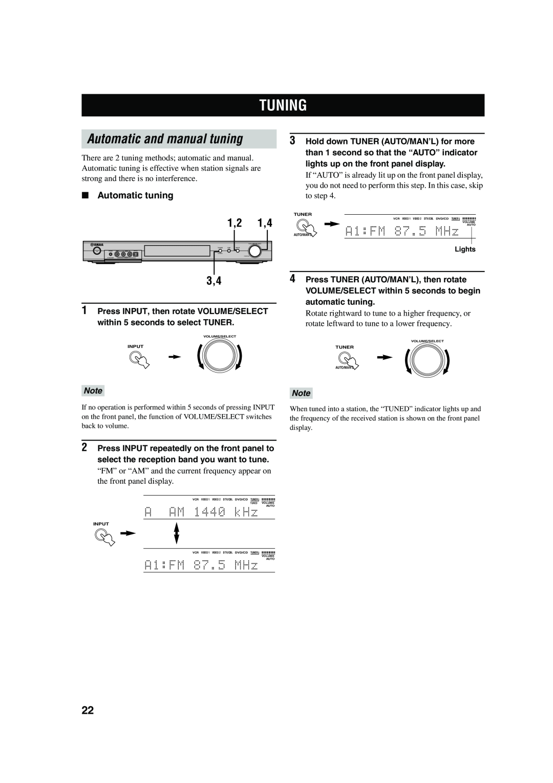 Yamaha RX-SL100RDS owner manual Tuning, Automatic and manual tuning, 1,2 1,4, Automatic tuning 