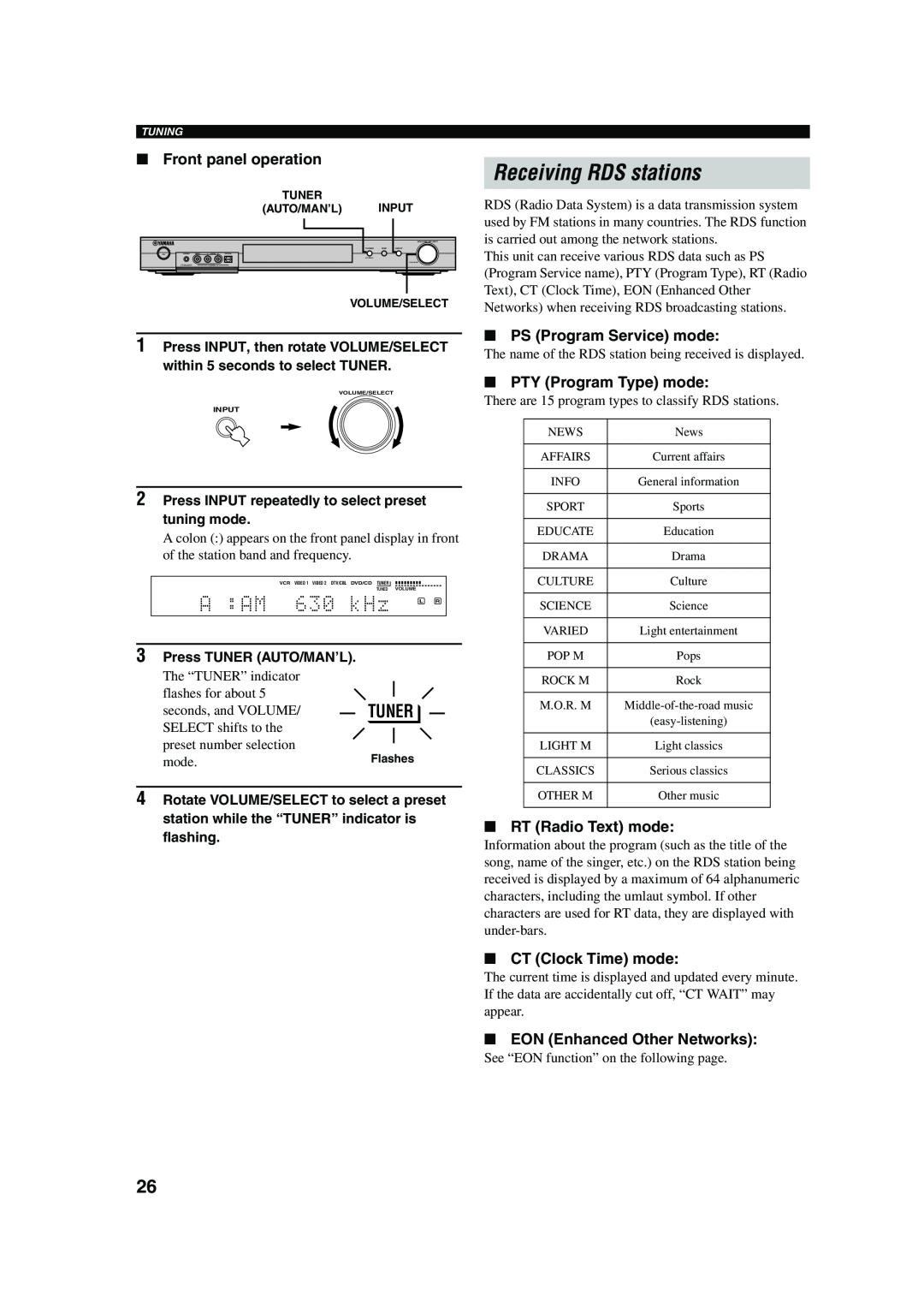 Yamaha RX-SL100RDS owner manual Receiving RDS stations, PS Program Service mode, PTY Program Type mode, RT Radio Text mode 
