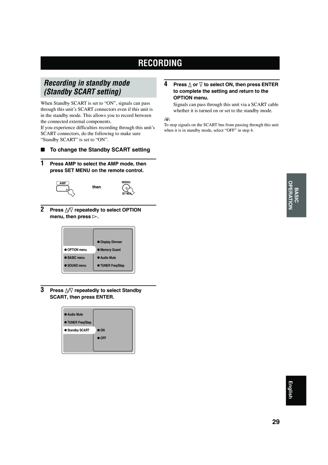 Yamaha RX-SL100RDS owner manual Recording in standby mode Standby SCART setting, To change the Standby SCART setting 