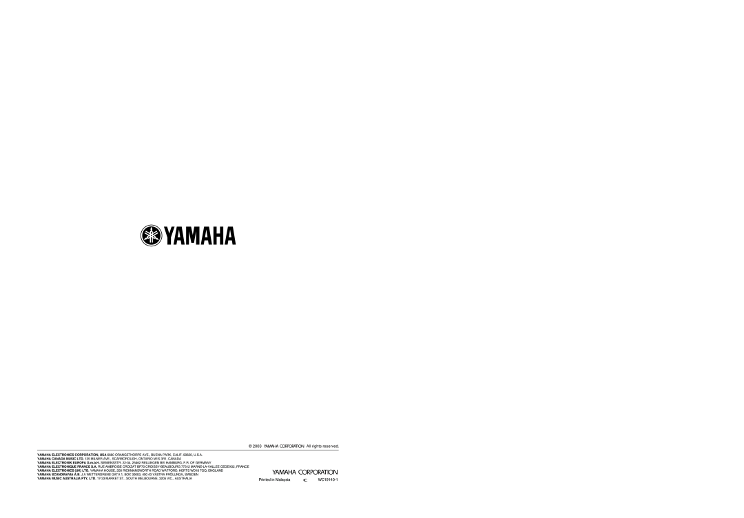 Yamaha RX-SL100RDS owner manual 2003, All rights reserved, WC19140-1 