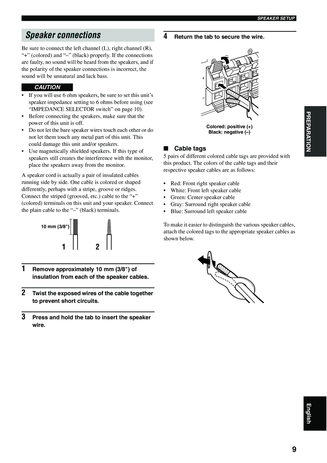 Yamaha RX-SL80 owner manual Speaker connections, Cable tags, Return the tab to secure the wire, 10 mm 3/8 