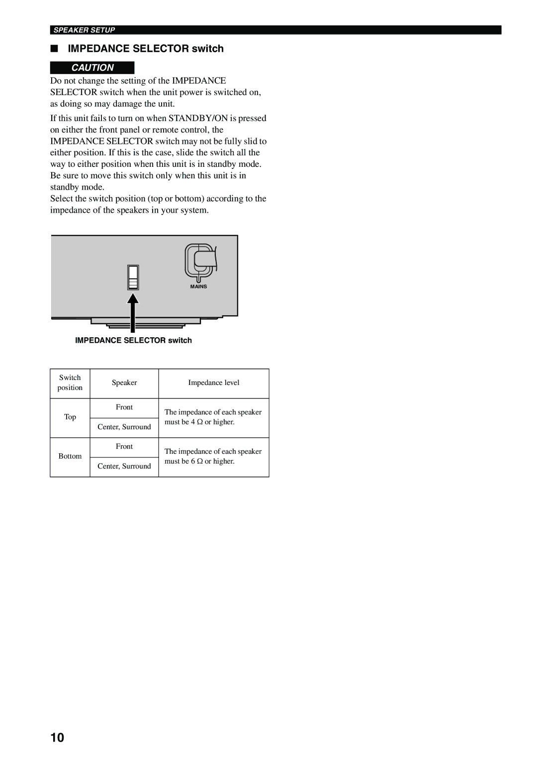 Yamaha RX-SL80 owner manual Impedance Selector switch 