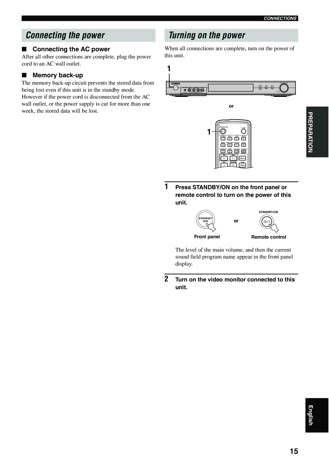 Yamaha RX-SL80 owner manual Connecting the power, Turning on the power, Connecting the AC power, Memory back-up 