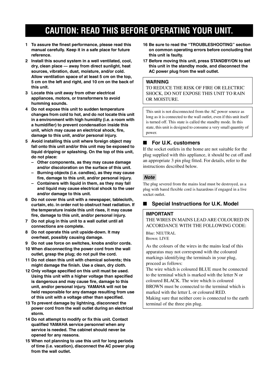 Yamaha RX-SL80 owner manual For U.K. customers, Special Instructions for U.K. Model 