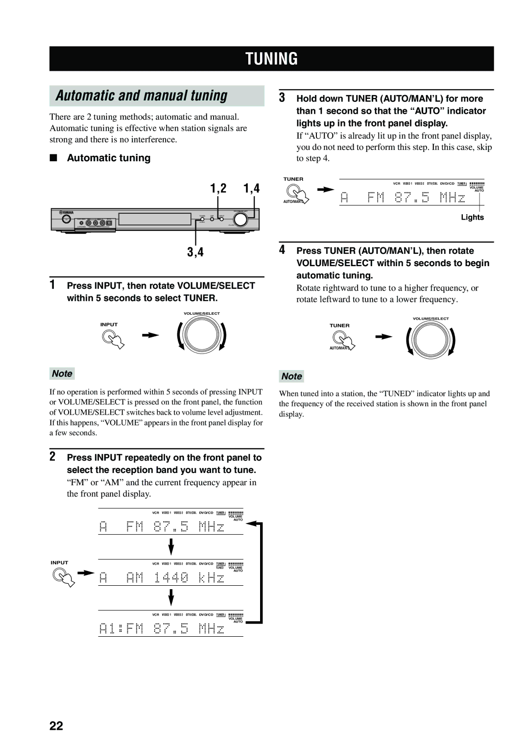 Yamaha RX-SL80 owner manual Tuning, Automatic and manual tuning, Automatic tuning, Lights 