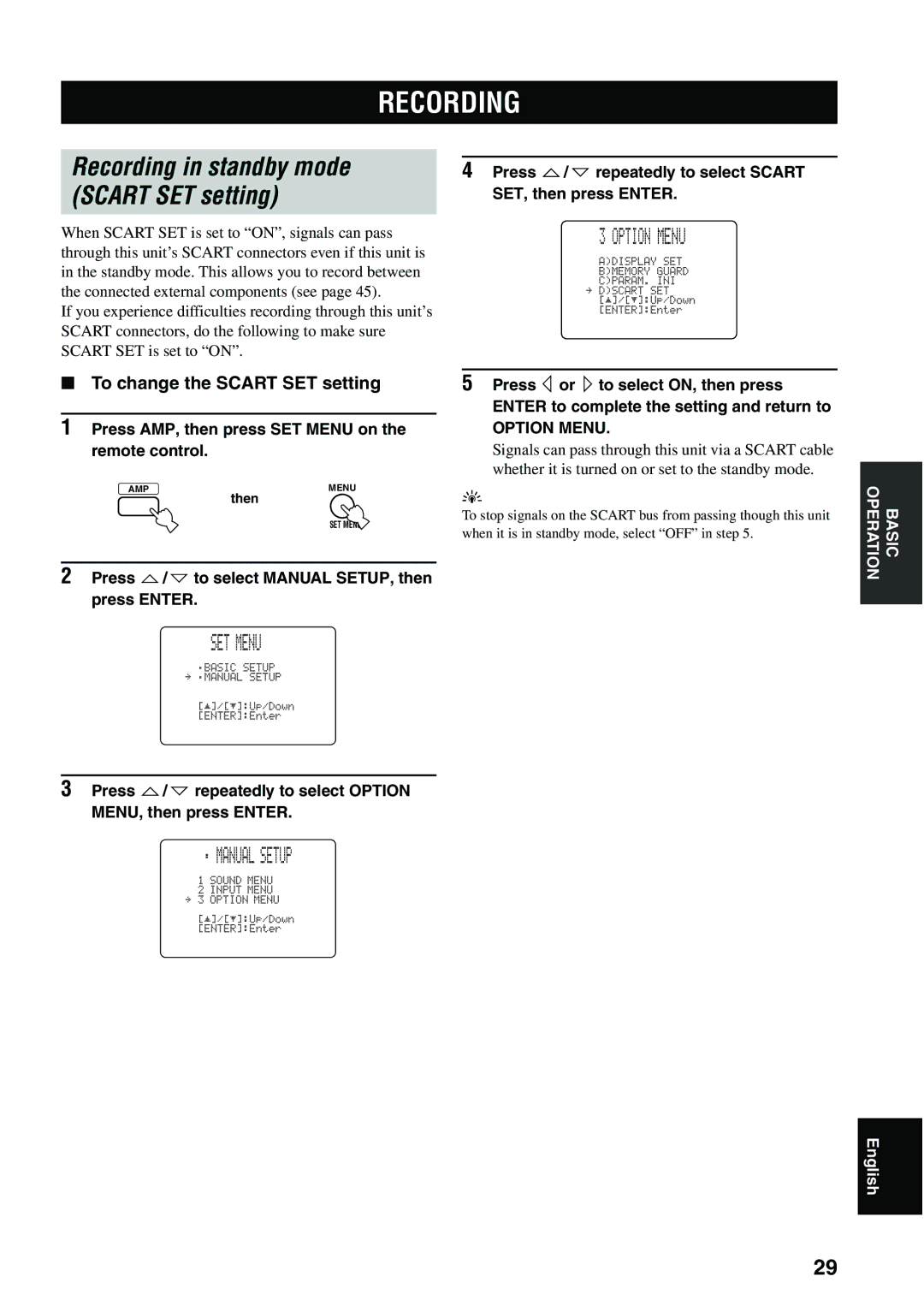 Yamaha RX-SL80 owner manual Recording, SET Menu, Option Menu, Manual Setup, To change the Scart SET setting 