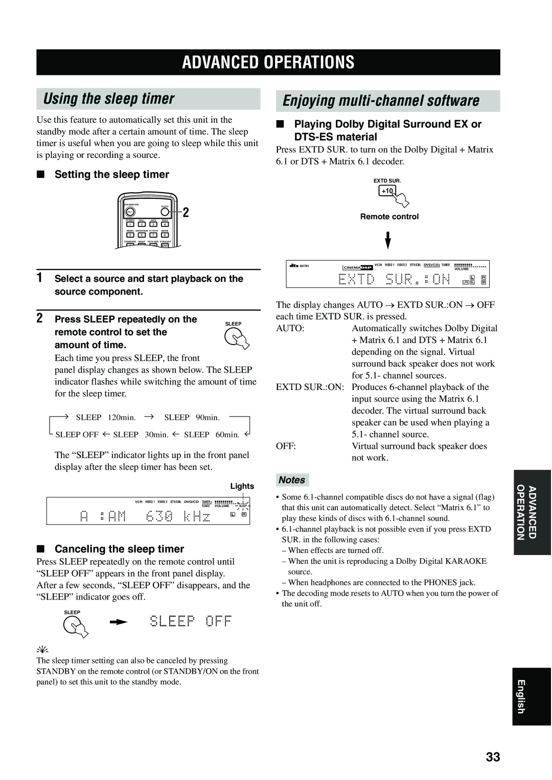 Yamaha RX-SL80 owner manual Advanced Operations, Using the sleep timer, Enjoying multi-channel software 