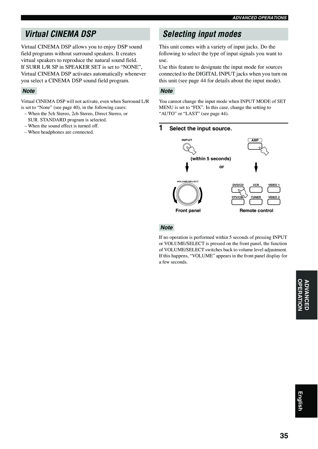 Yamaha RX-SL80 owner manual Virtual Cinema DSP, Select the input source, Within 5 seconds 