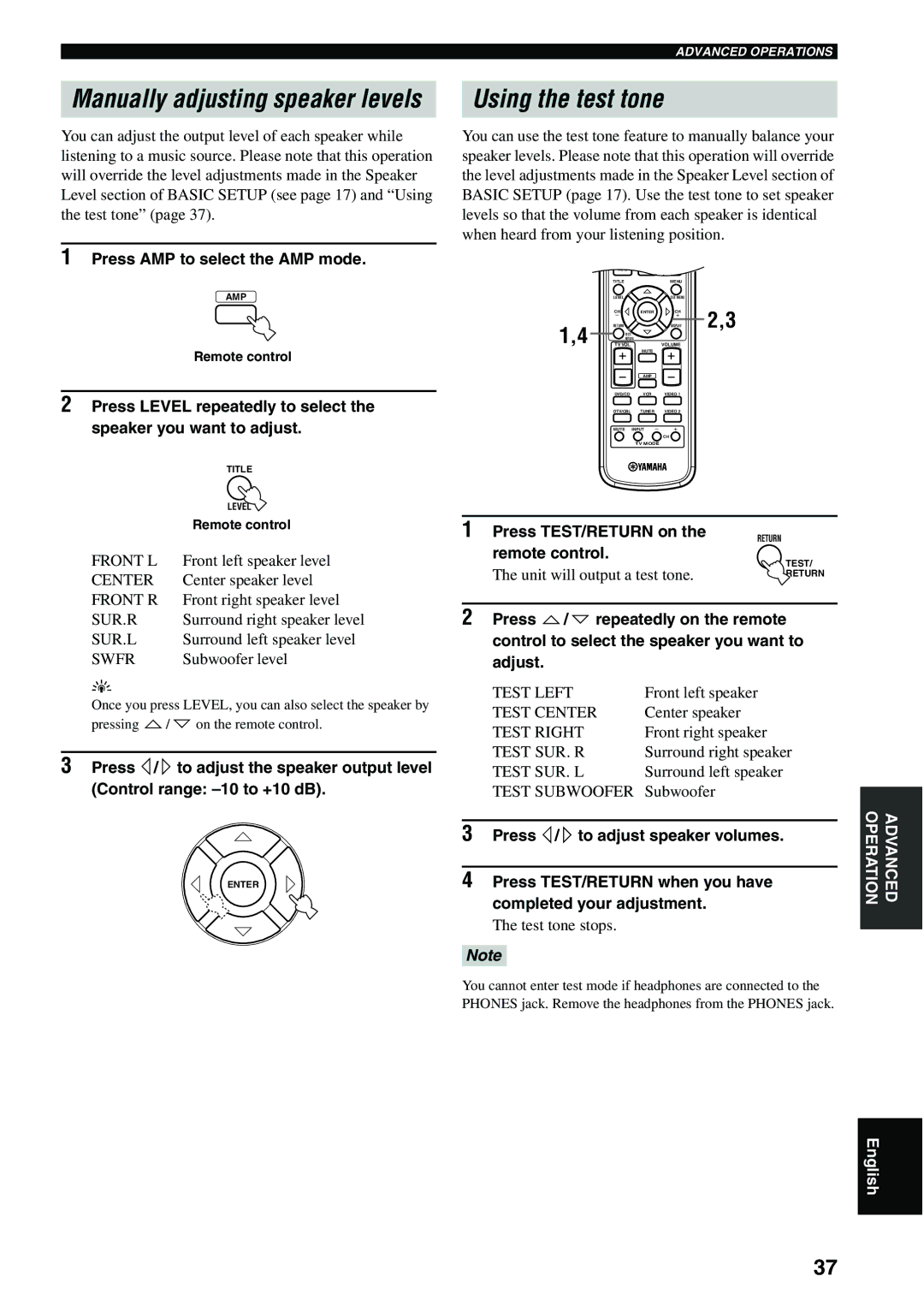 Yamaha RX-SL80 owner manual Using the test tone, Press AMP to select the AMP mode, Press TEST/RETURN on, Remote control 