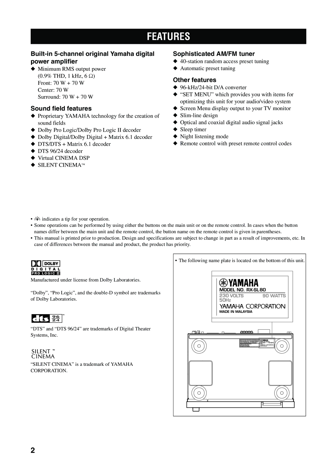 Yamaha RX-SL80 Features, Built-in 5-channel original Yamaha digital power amplifier, Sound field features, Other features 