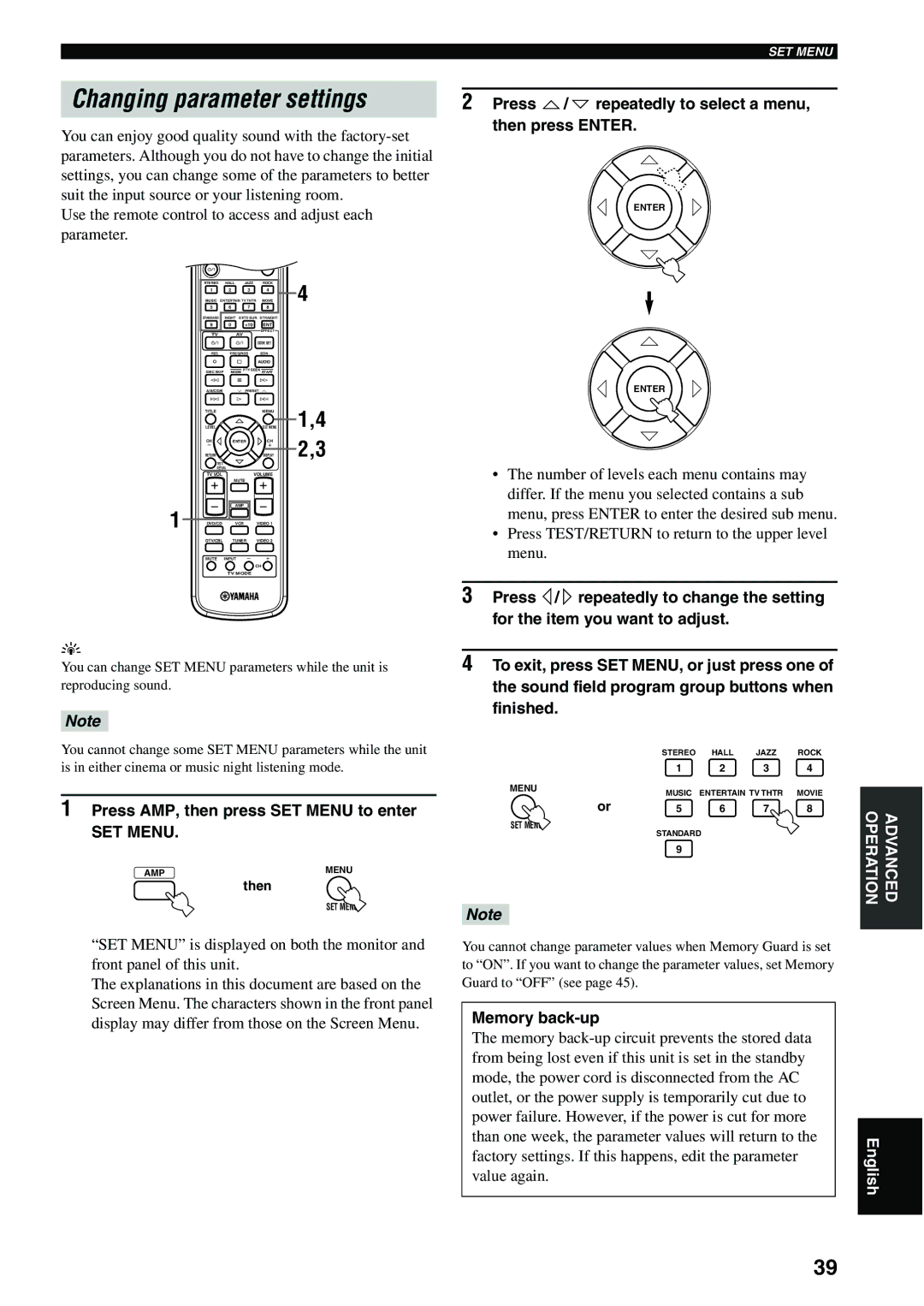 Yamaha RX-SL80 owner manual Changing parameter settings, Press AMP, then press SET Menu to enter, Value again 