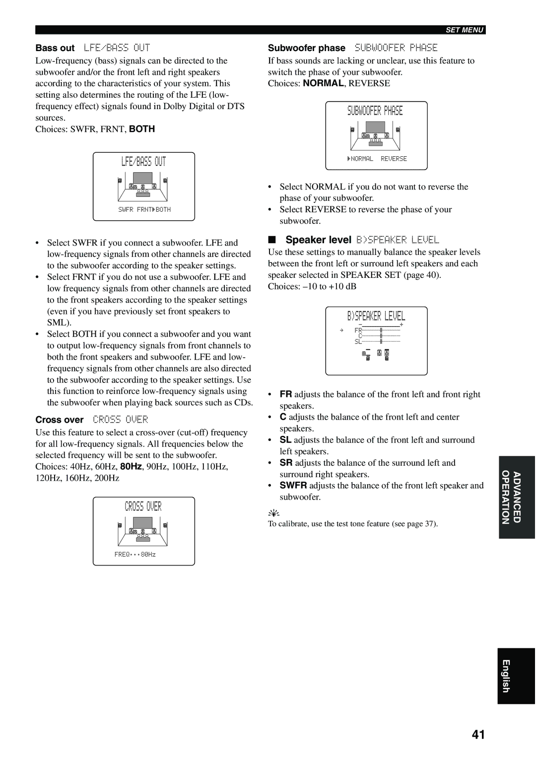 Yamaha RX-SL80 owner manual Lfe/Bass Out, 02ASUBWOOFER Phase, Cross over Cross Over, Subwoofer phase Subwoofer Phase 