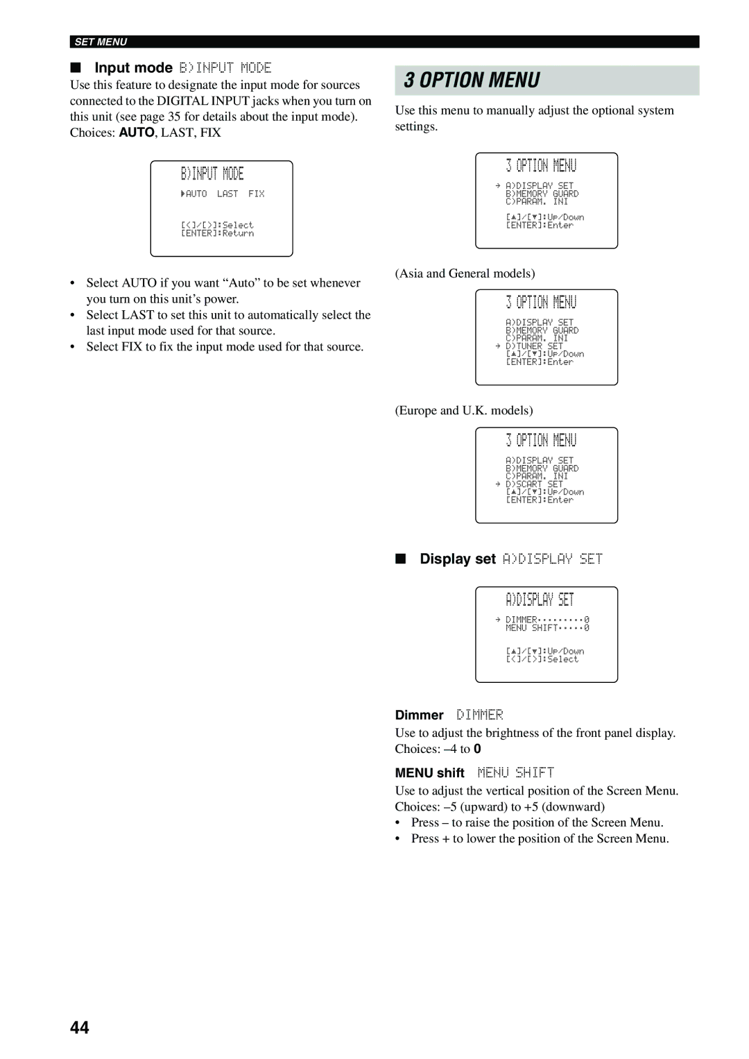 Yamaha RX-SL80 owner manual Binput Mode, Adisplay SET, Dimmer Dimmer, Menu shift Menu Shift 