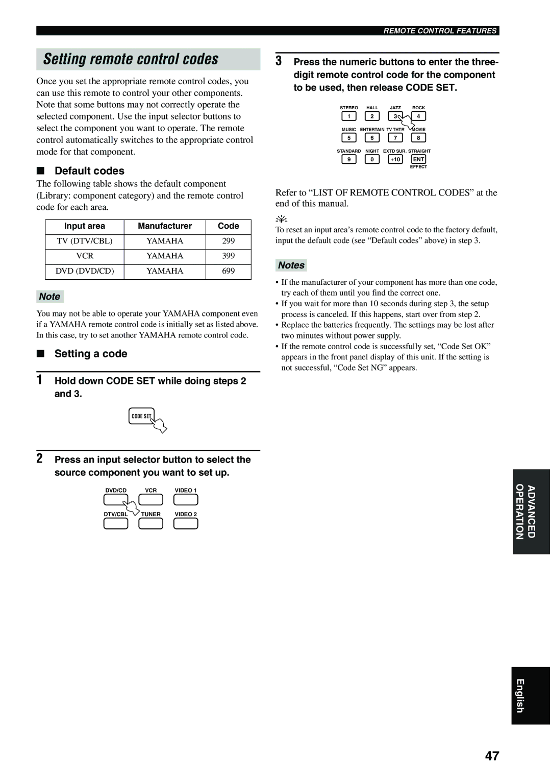 Yamaha RX-SL80 Setting remote control codes, Default codes, Setting a code, Hold down Code SET while doing steps 2 