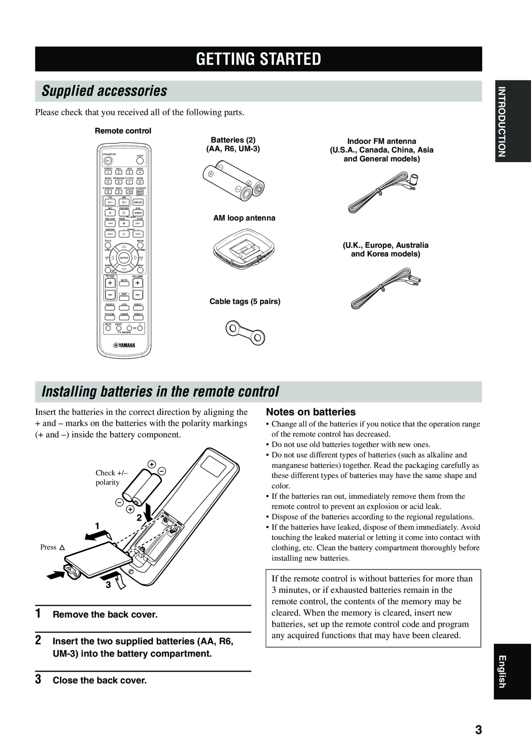 Yamaha RX-SL80 Getting Started, Supplied accessories, Installing batteries in the remote control, Close the back cover 