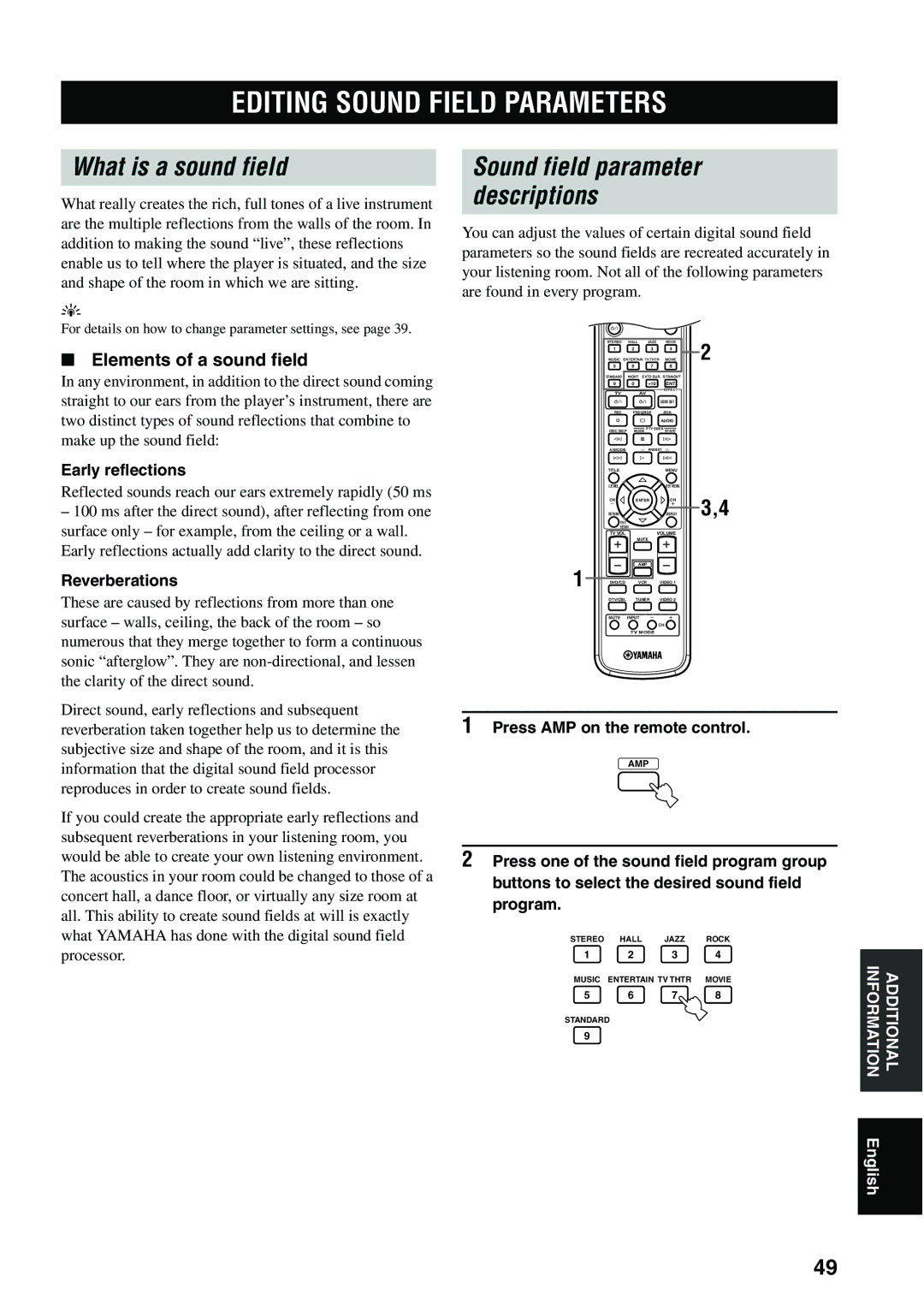 Yamaha RX-SL80 owner manual Editing Sound Field Parameters, What is a sound field, Elements of a sound field 