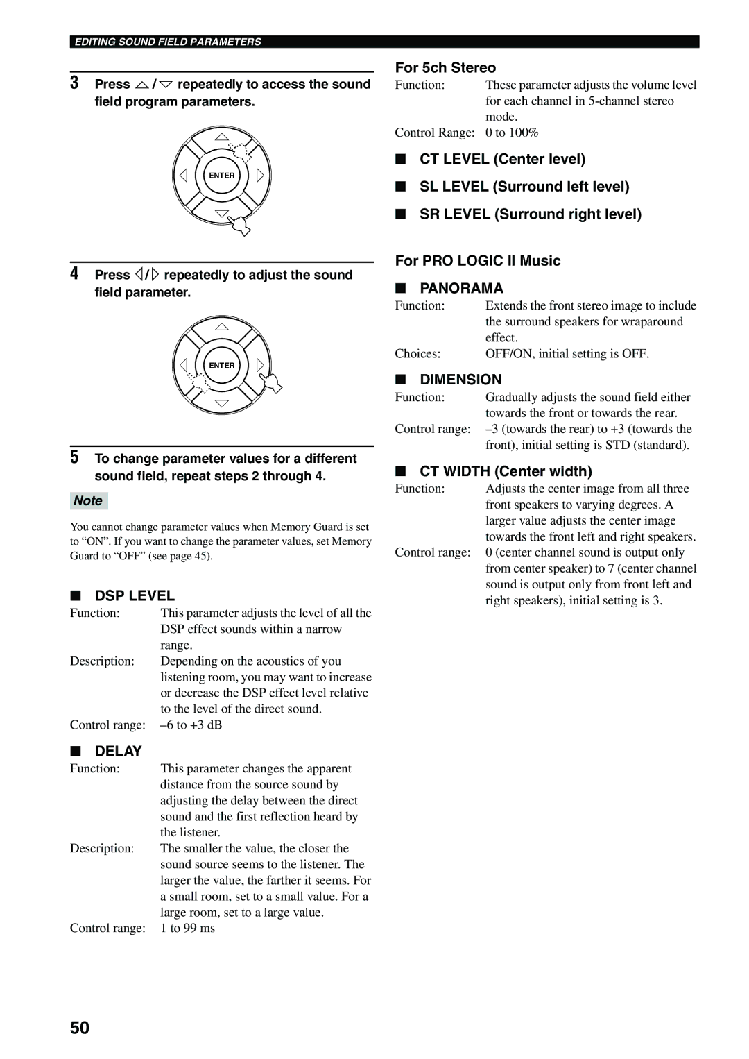 Yamaha RX-SL80 owner manual For 5ch Stereo, For PRO Logic II Music, CT Width Center width 