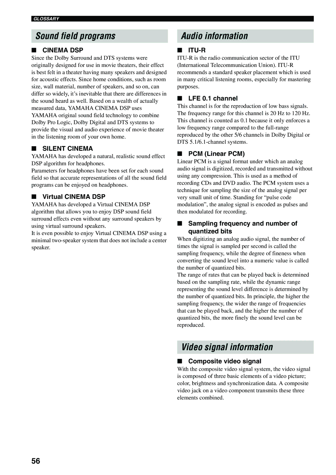 Yamaha RX-SL80 owner manual Sound field programs, Audio information, Video signal information 