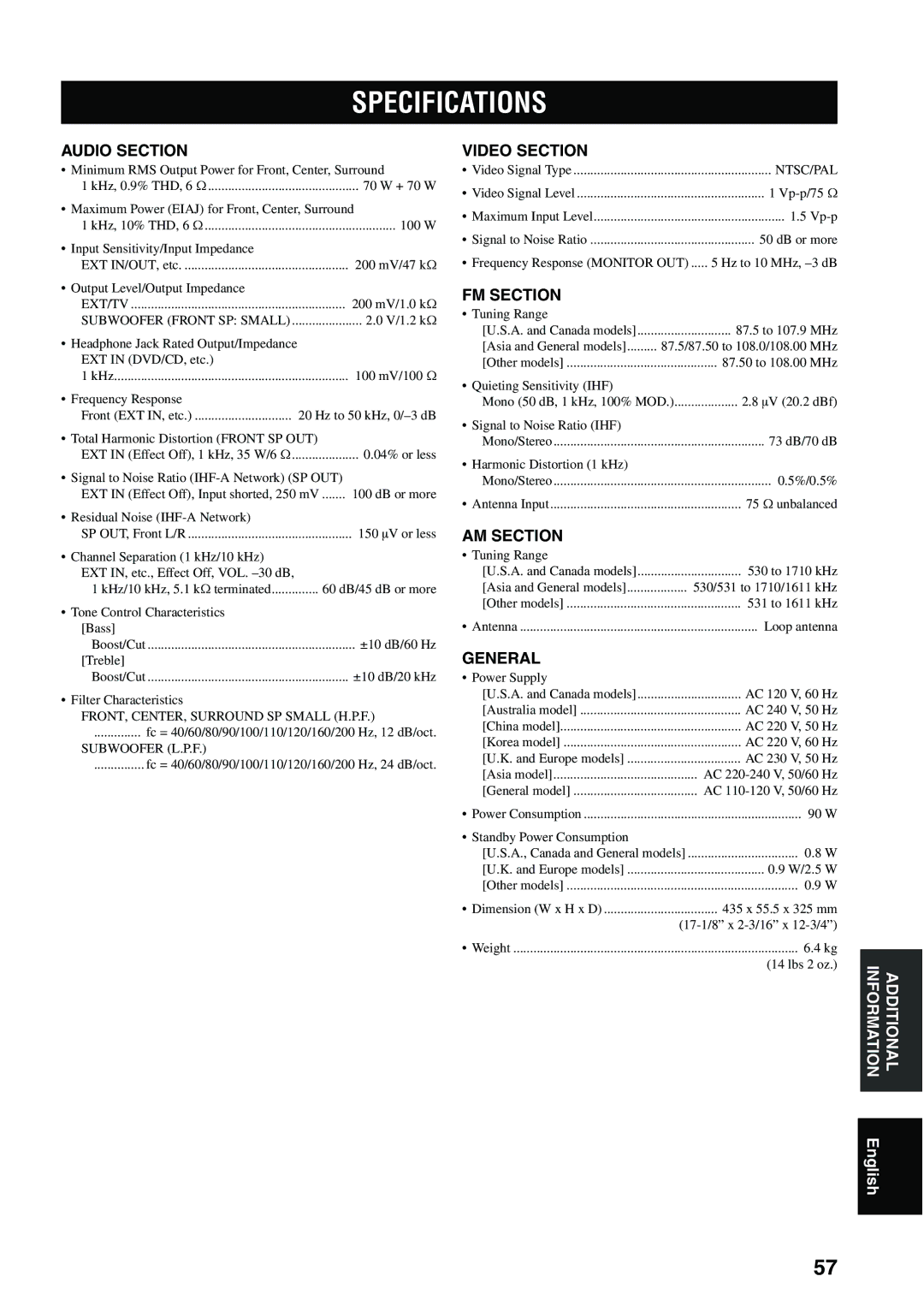 Yamaha RX-SL80 owner manual Specifications, Audio Section 