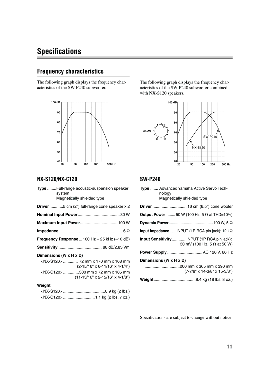 Yamaha RX-SL80 owner manual Frequency characteristics, Dimensions W x H x D, Weight, Output Power, Input Sensitivity 