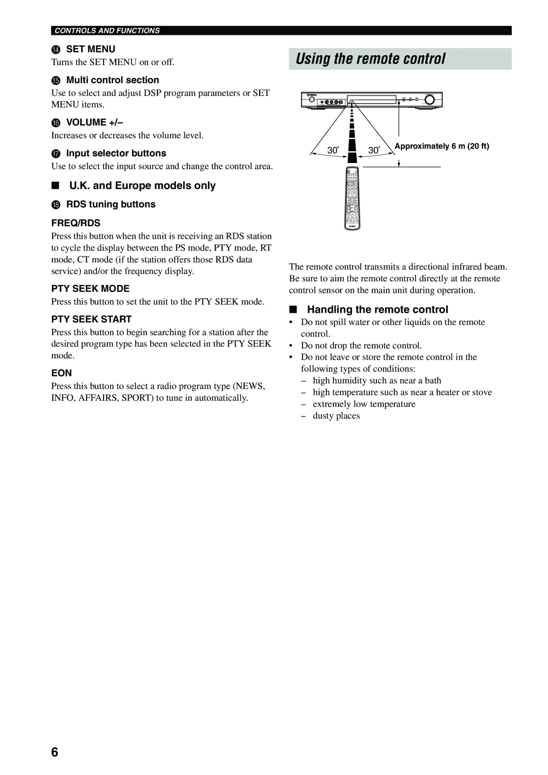 Yamaha RX-SL80 owner manual Using the remote control, Europe models only, Handling the remote control 