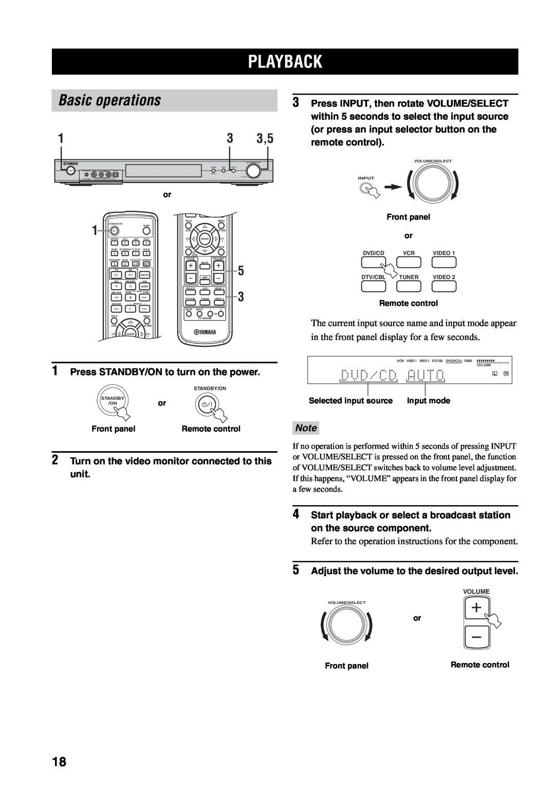 Yamaha RX-SL80 owner manual Playback, Basic operations, Press STANDBY/ON to turn on the power 