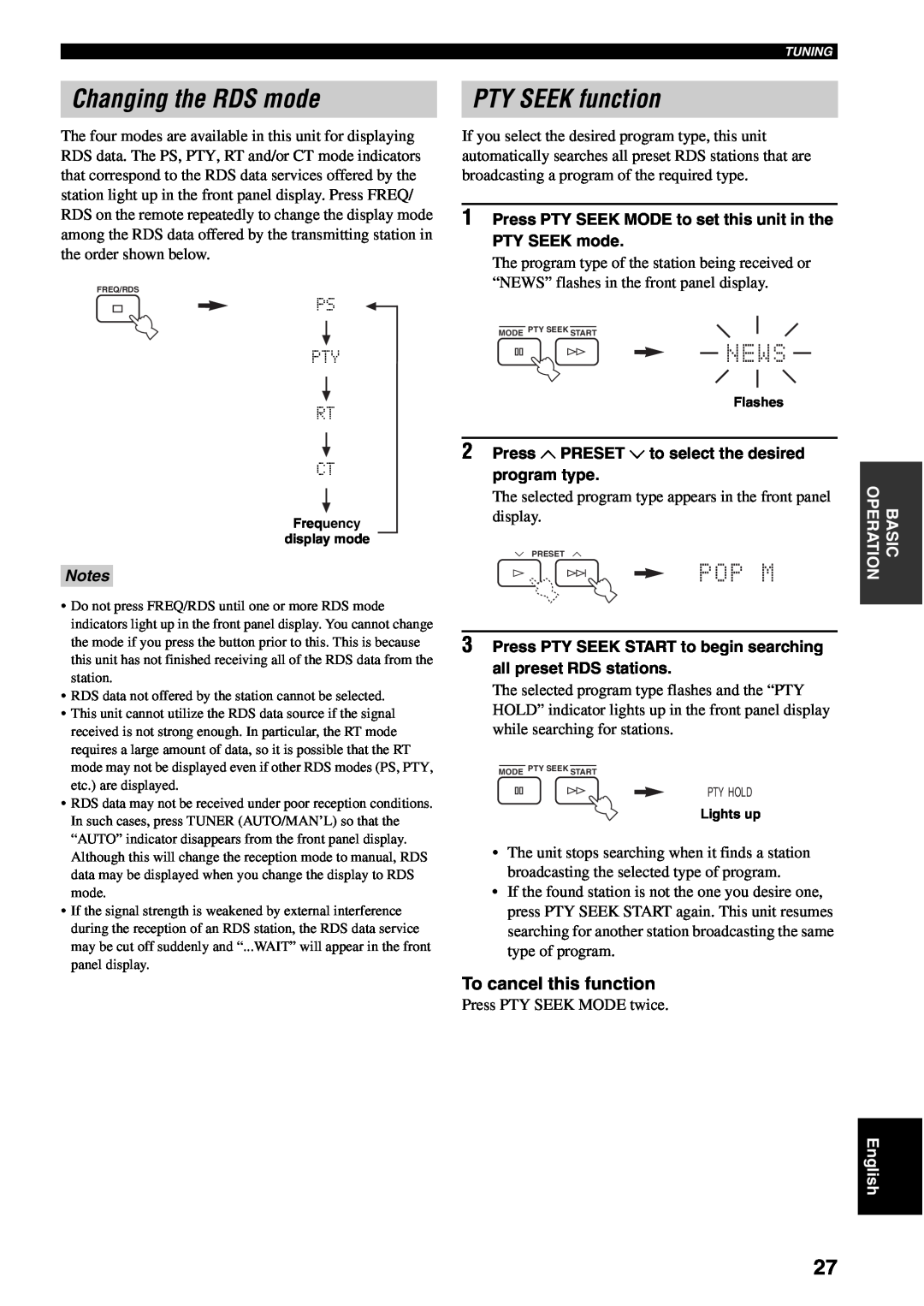 Yamaha RX-SL80 owner manual Changing the RDS mode, PTY SEEK function, To cancel this function 
