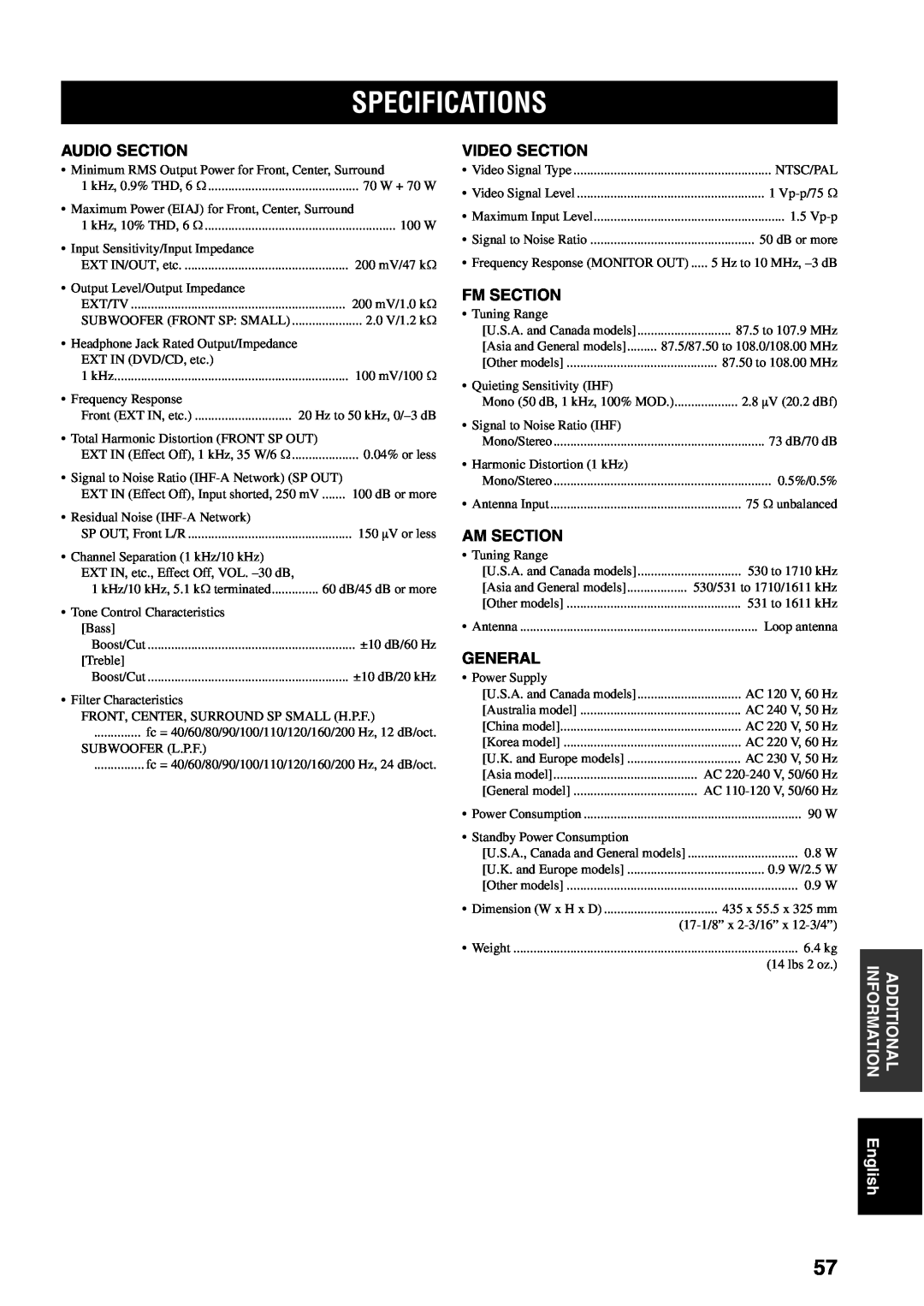 Yamaha RX-SL80 owner manual Specifications, Audio Section, Video Section, Fm Section, Am Section, General 