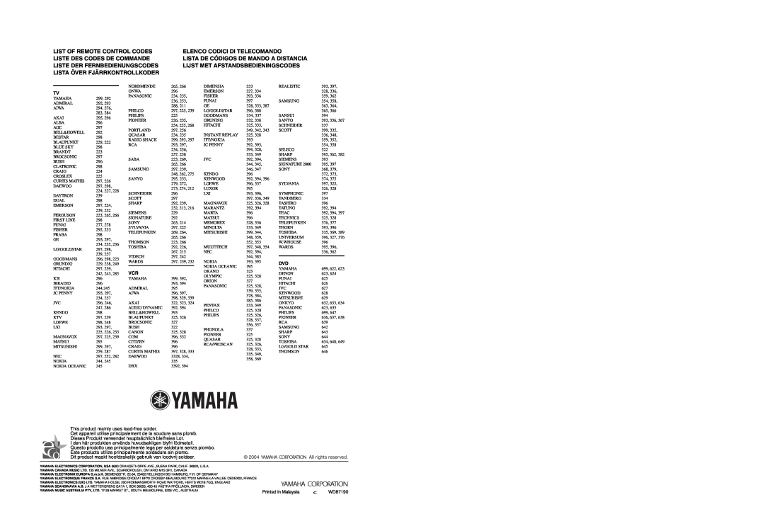 Yamaha RX-SL80 owner manual List Of Remote Control Codes, Elenco Codici Di Telecomando, Liste Des Codes De Commande, 2004 