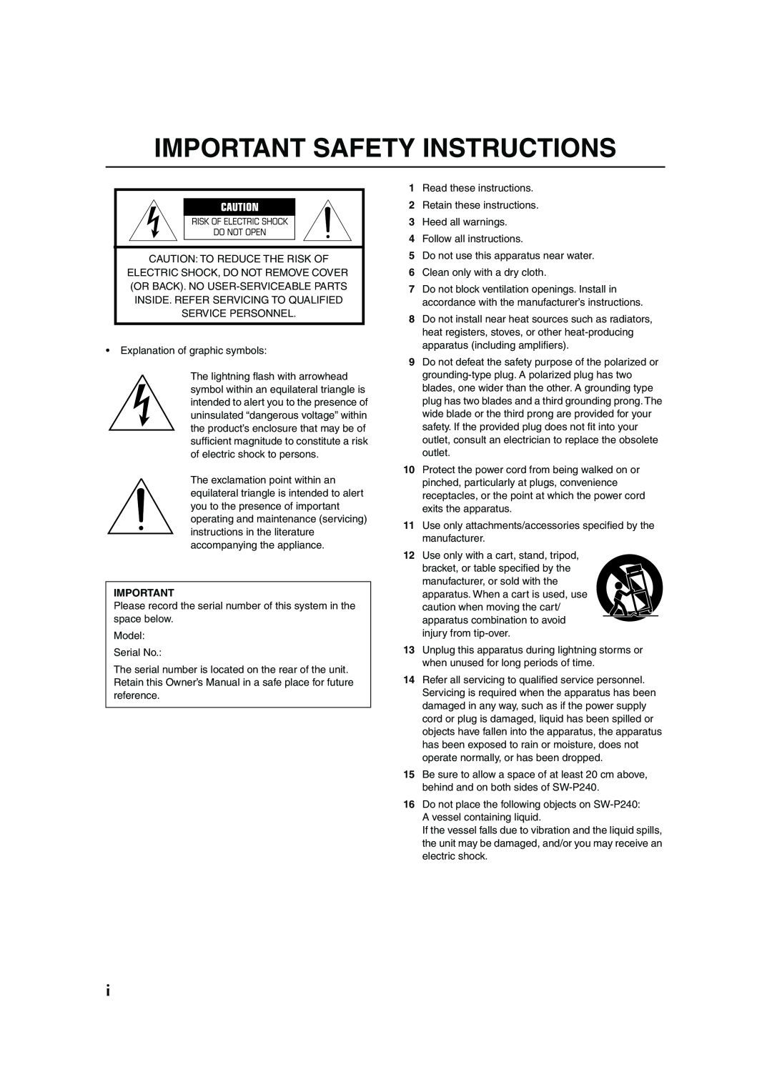 Yamaha RX-SL80 owner manual Important Safety Instructions 