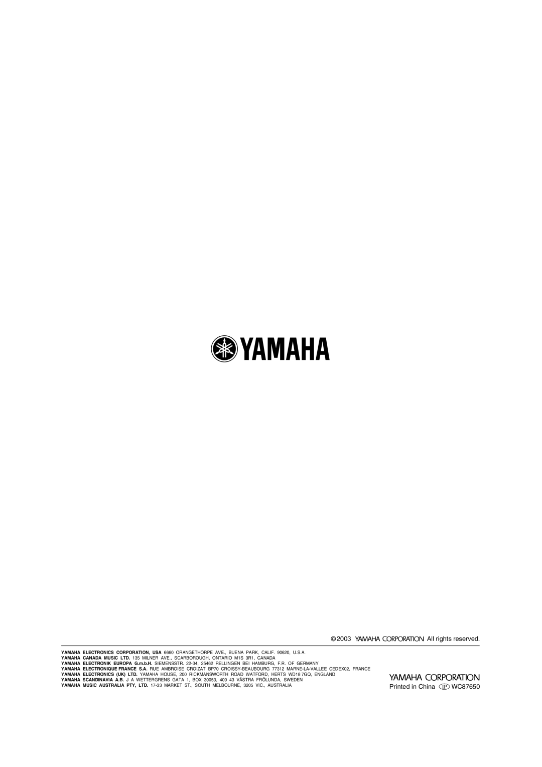 Yamaha RX-SL80 owner manual All rights reserved, Printed in China IP WC87650 