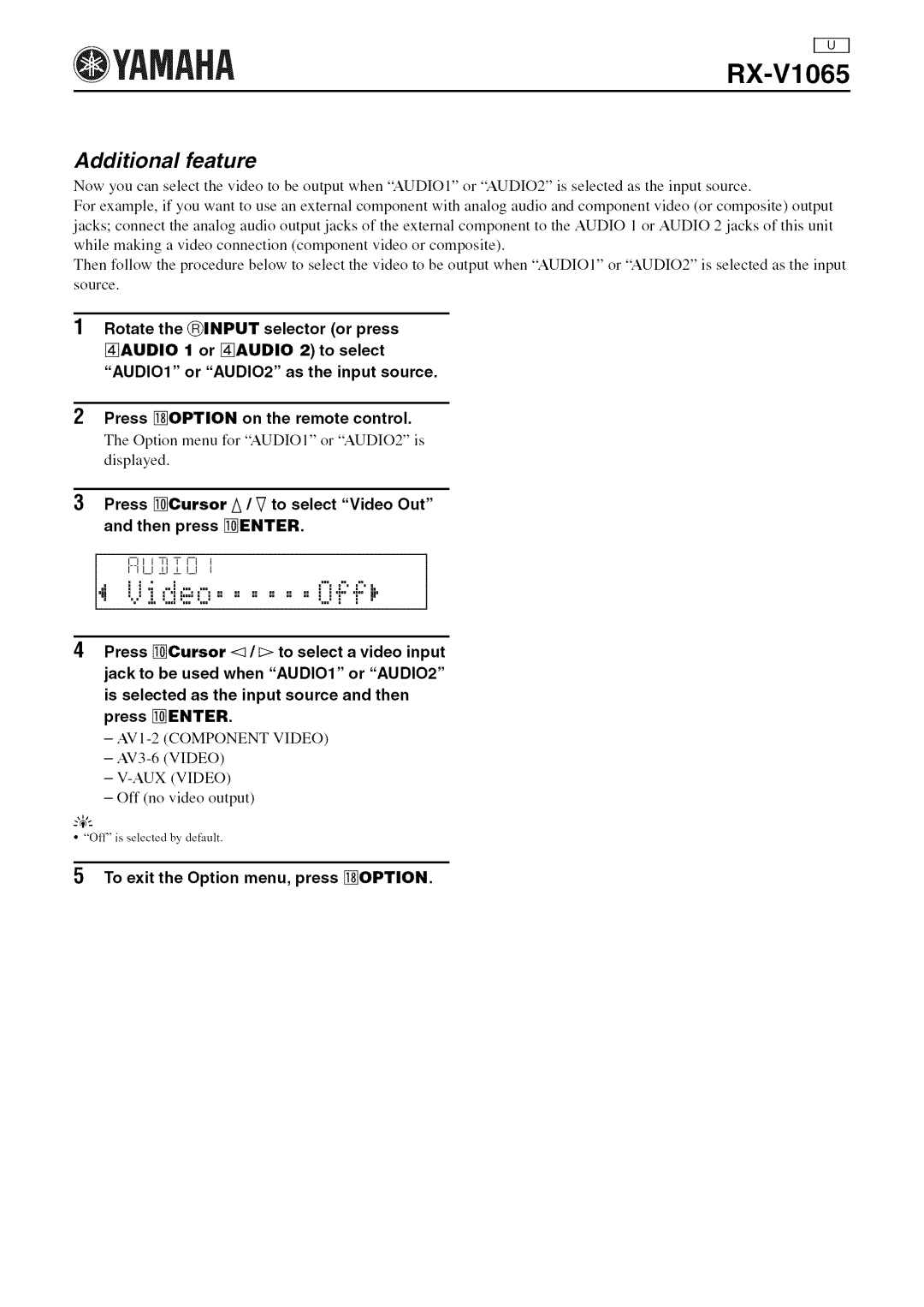 Yamaha RX-V1065 owner manual Rotate the Input selector or press, Option menu for Audio I or AUDIO2 is displayed, I=2 E!+ + 