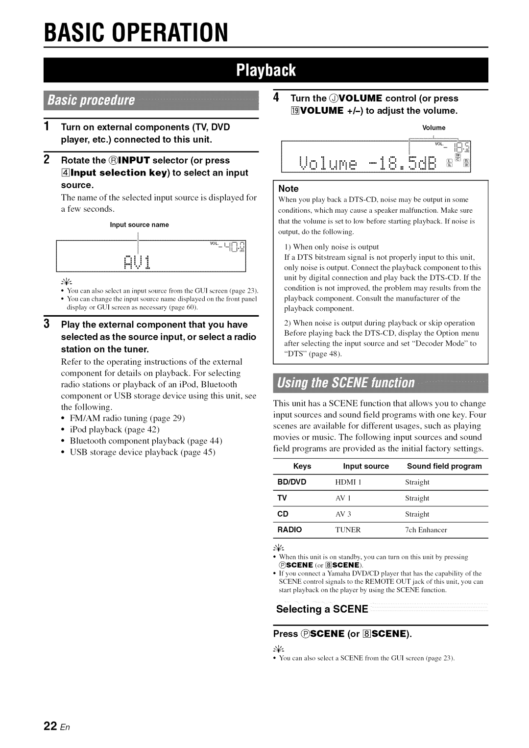 Yamaha RX-V1065 owner manual Selecting a Scene, Keys Input source Sound field program, Hdmi l Straight, 22 En 