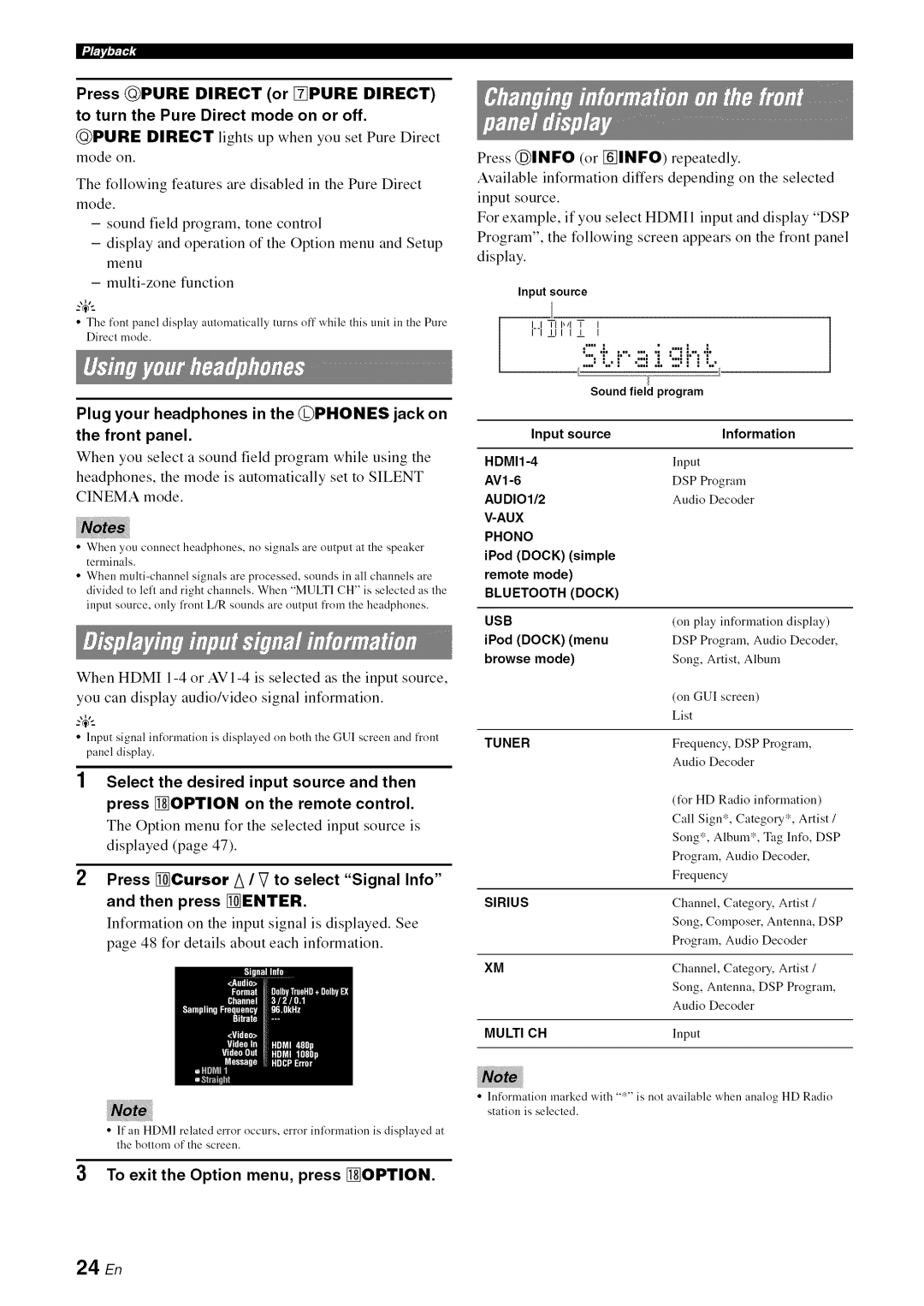 Yamaha RX-V1065 Plug your headphones in the @PHONES jack on Front panel, To exit the Option menu, press Option, 24 En 