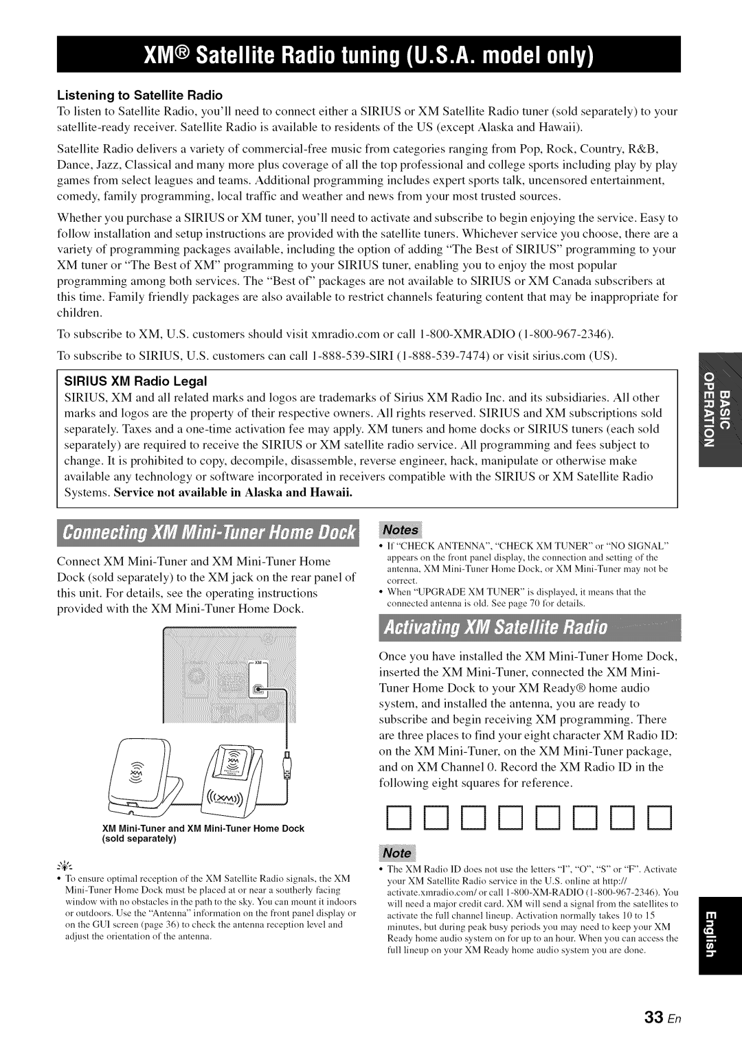 Yamaha RX-V1065 owner manual Listening to Satellite Radio, Sirius XM Radio Legal, 33 En, Sold separately 