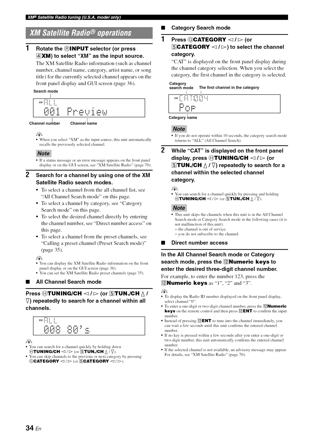 Yamaha RX-V1065 All Channel Search mode, Repeatedly to search for a channel within all channels, Category Search mode 