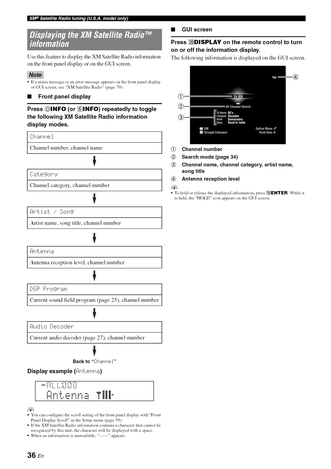 Yamaha RX-V1065 owner manual Channel number, channel name, Antenna reception level, channel number, 36 En 