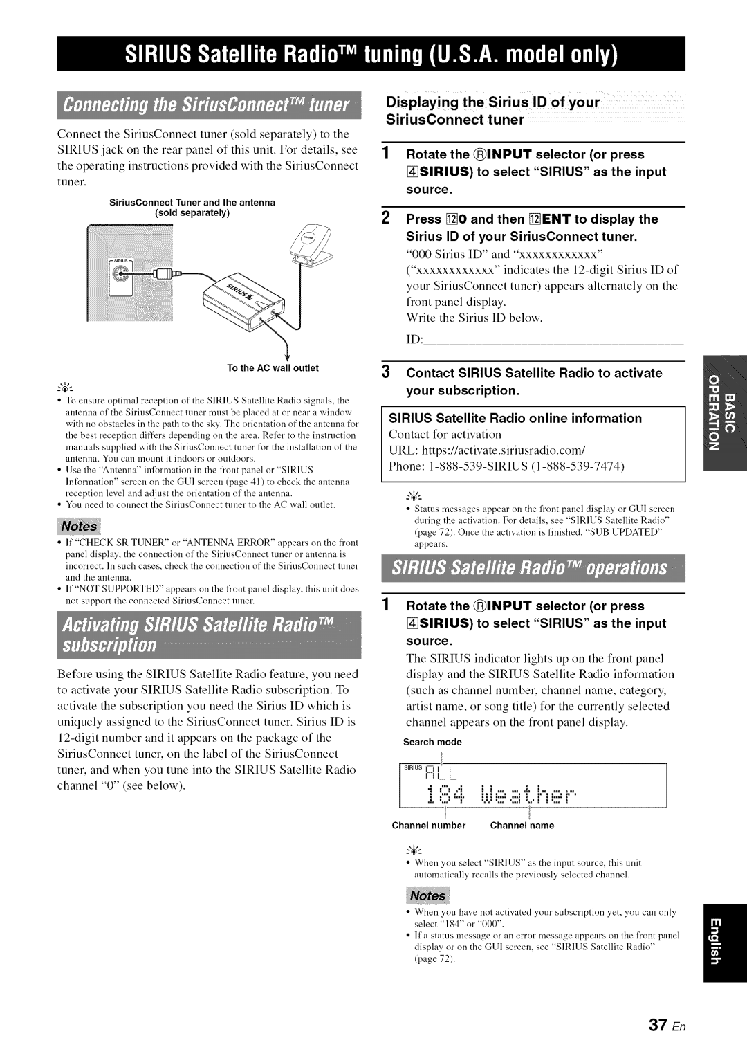 Yamaha RX-V1065 owner manual SiriusConnect tuner, 37 En, SiriusConnect Tuner and the antenna Sold separately 