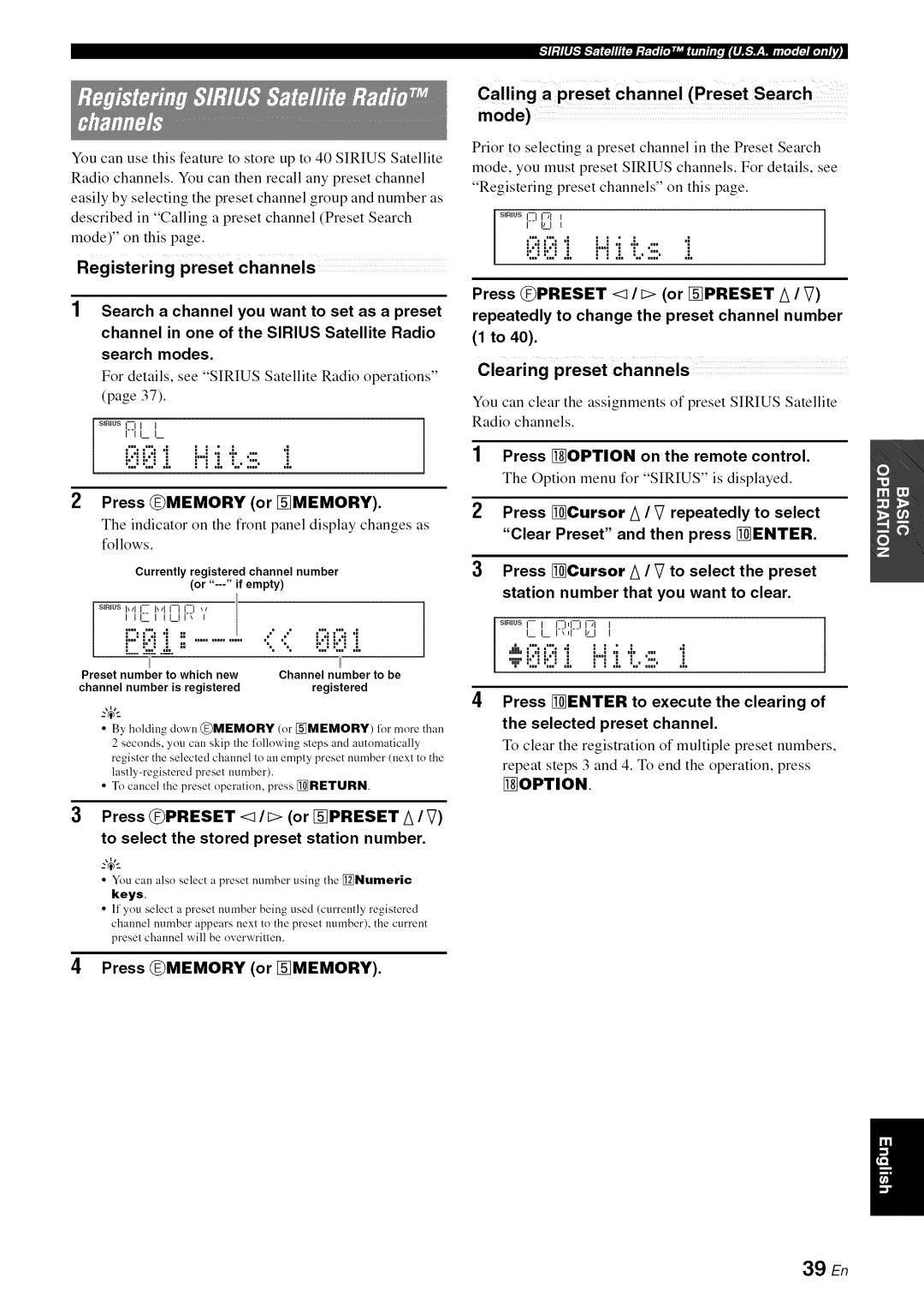 Yamaha RX-V1065 Mode, For details, see Sirius Satellite Radio operations, Option menu for Sirius is displayed, 39 En 