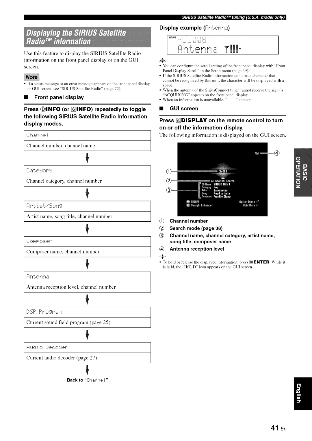 Yamaha RX-V1065 owner manual Composer name, channel number, Di.iPP!o g!.!.!rq, Display example !!!.d.e, 41 En 