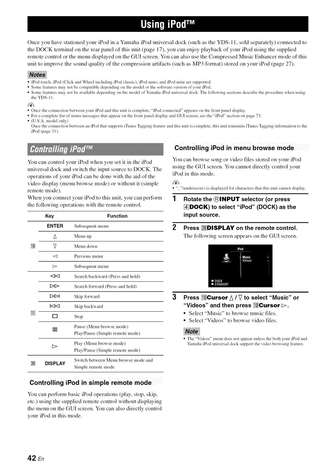 Yamaha RX-V1065 owner manual Controlling iPod in simple remote mode, Controlling iPod in menu browse mode, Key Function 