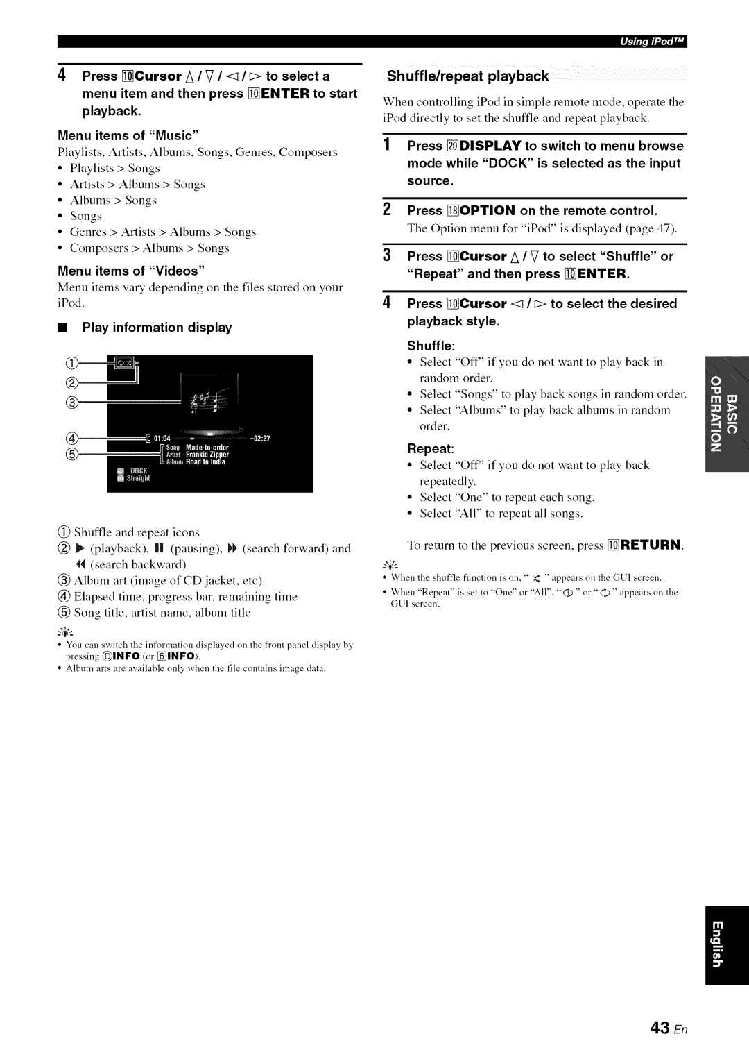 Yamaha RX-V1065 owner manual Menu items of Videos, Play information display, Shuffle/repeat playback, Repeat 